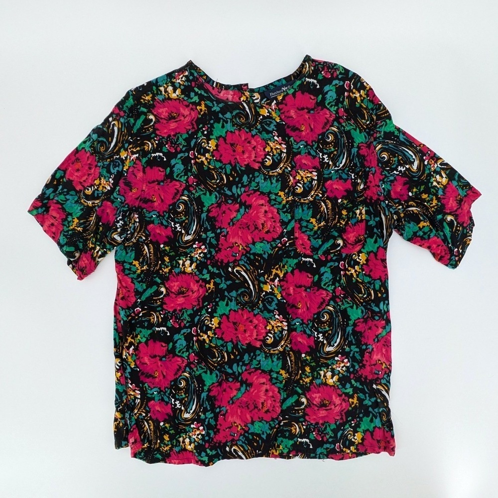 Hunters Run‎ Vintage 90s Floral Paisley Rayon Blouse Pink Black Womens Medium